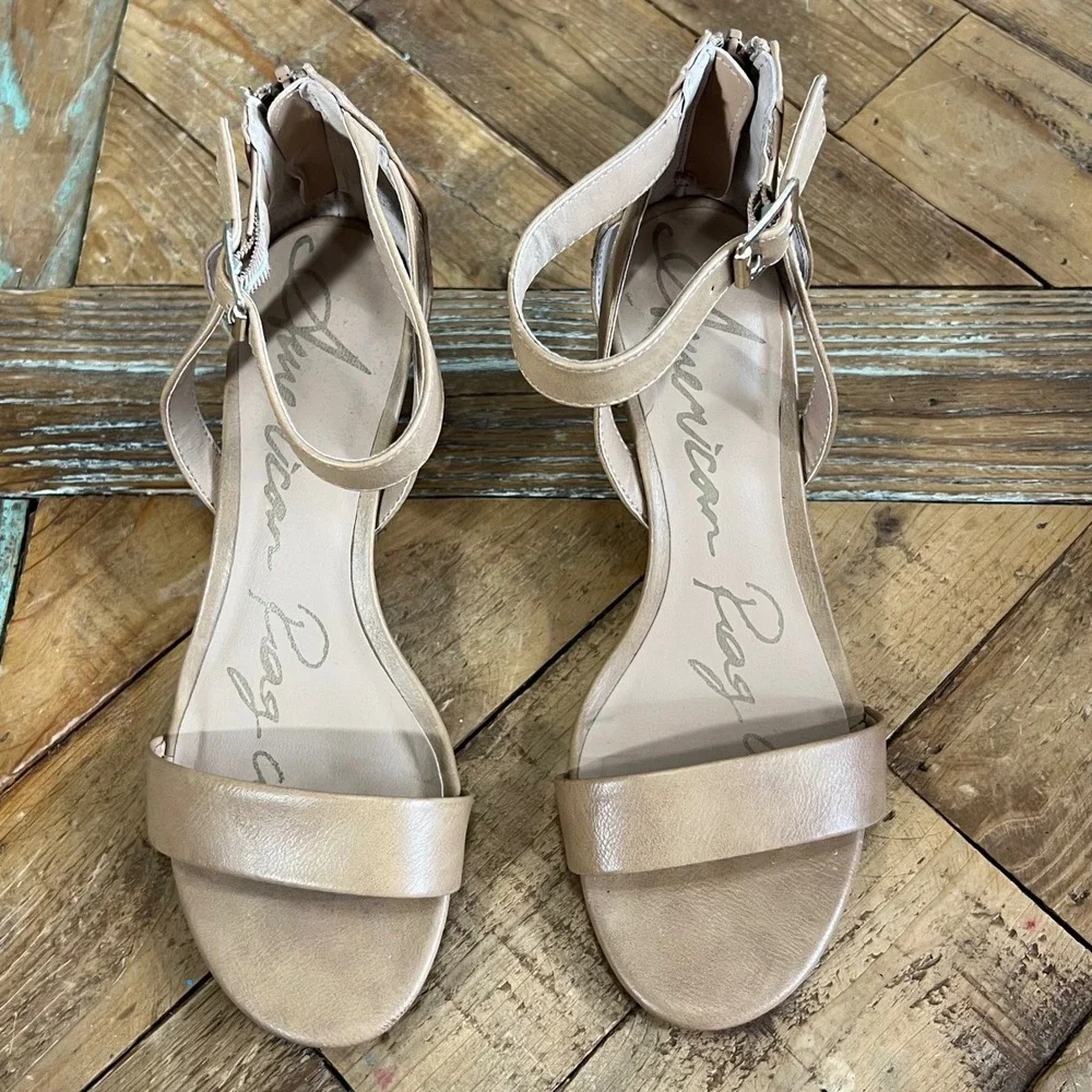 American Rag Women's Wedge Sandals Ankle Strap Zip Back Beige‎ Size 7